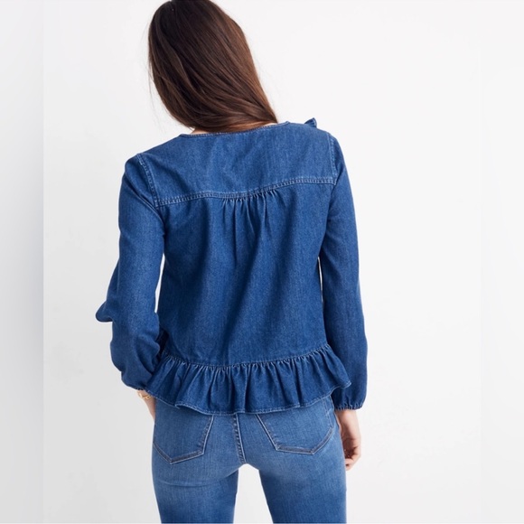 Madewell Denim Ruffle V Neck Top - Picture 2 of 9